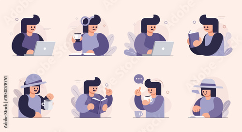 Stylized figures engage in various activities like reading, working on laptops, and drinking beverages