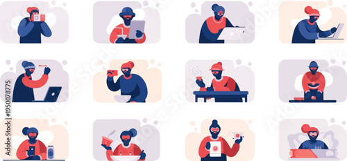 Pixelated people engage in various activities like photography, dining, and technology use