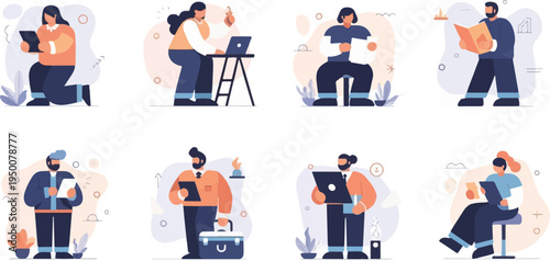 Stylized individuals interacting with digital devices and documents in a modern graphic style