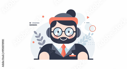 Stylized man with beard, glasses, and headphones in suit