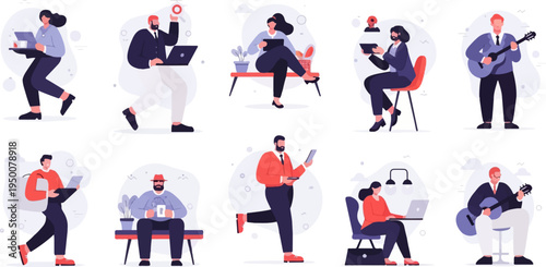 Diverse people engaged in modern activities like working with devices and playing music