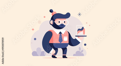 Stylized character presents a tablet displaying financial growth charts