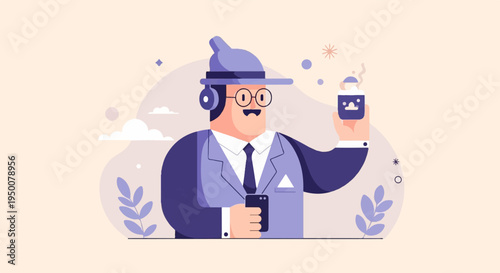 Stylized character with headphones holds a coffee cup and phone