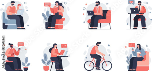 Diverse people engaged in modern activities working, reading, and cycling