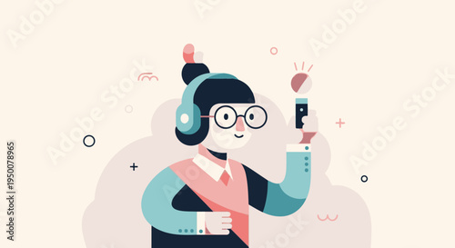Stylized character with headphones holds a microphone and looks thoughtful