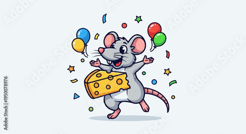 Happy cartoon mouse holding cheese with balloons and stars on light blue background celebrating joy and success