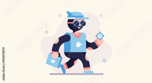 Playful character in shades and cap carries bag and compass