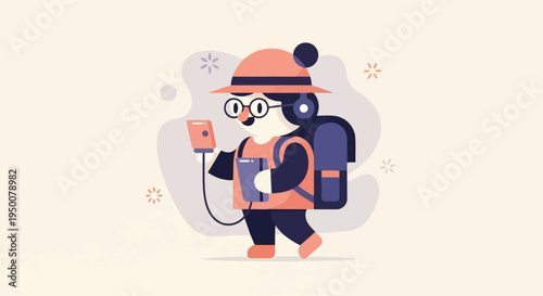 Stylized character wearing headphones, hat, and backpack, holding a phone