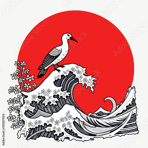 Classic Japanese oriental style vector illustration of an elegant crane flying over crashing ocean waves against a bright red sun for traditional art designs.