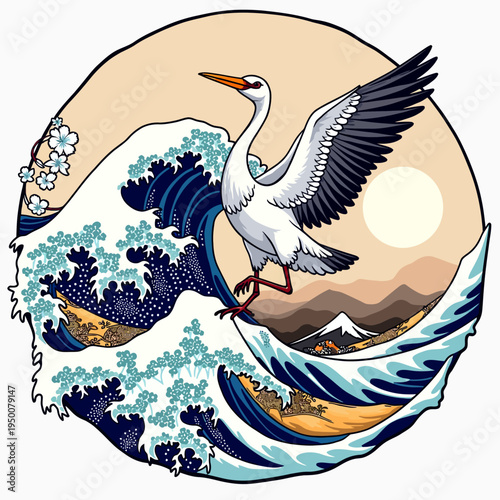Beautiful traditional Japanese vector illustration of an elegant crane soaring over dynamic crashing ocean waves for classic oriental art and cultural concepts.