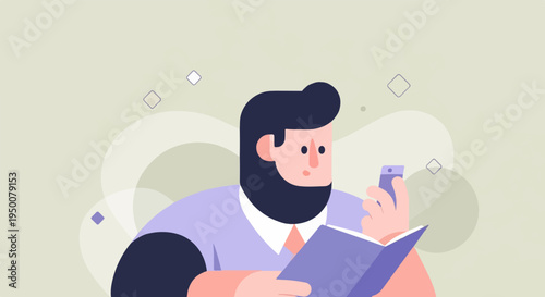 Stylized man with beard, holding phone and reading book against patterned background