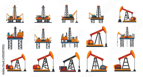 Oil and Gas Industry - Cartoon Illustrations of Drilling Rigs and Pumpjacks.