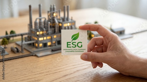 A hand holds a sign with esg text and a leaf icon in front of a miniature industrial factory model on a wooden table representing corporate sustainability environmental responsibility and green