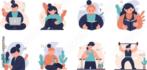 Diverse people engaged in relaxing, learning, and fitness activities