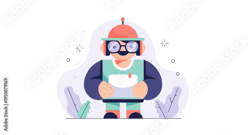 Stylized, friendly cartoon character with glasses holding a white tablet