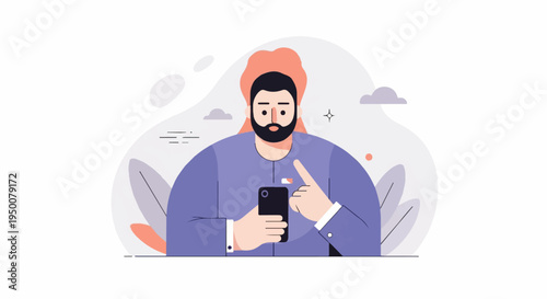 Stylized man with beard holding phone, interacting digitally with abstract background