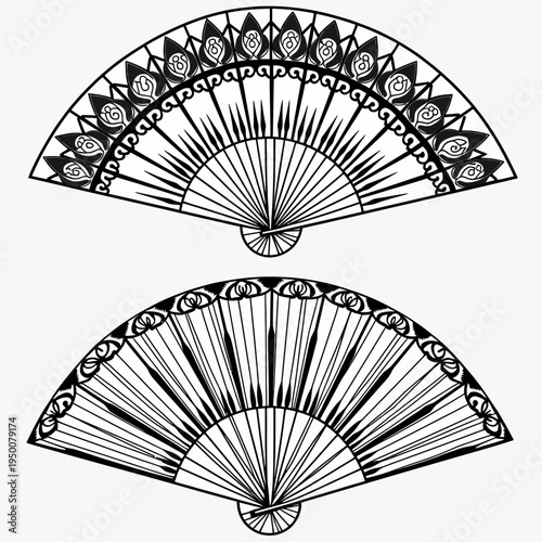 Clean minimalist line art vector illustration of traditional oriental folding fans for elegant classic Japanese cultural designs and sophisticated graphic layouts.