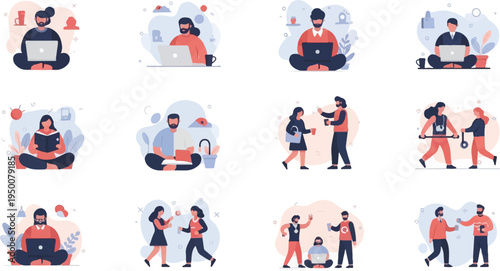 Diverse people engaged in varied work and leisure activities on laptops