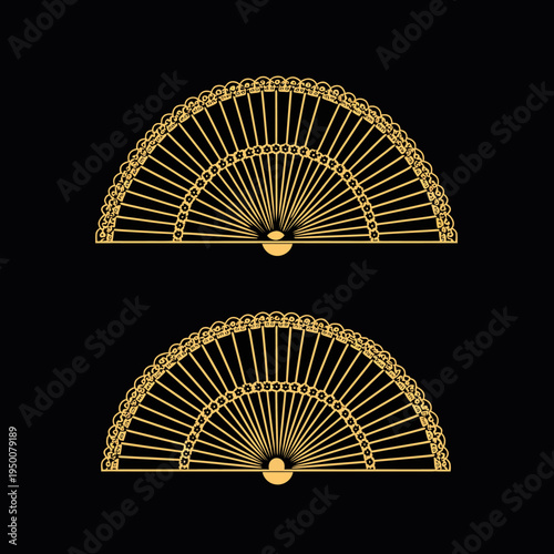 Sophisticated minimalist vector illustration of traditional golden Japanese folding fans on a dark black background for premium luxury oriental cultural designs.