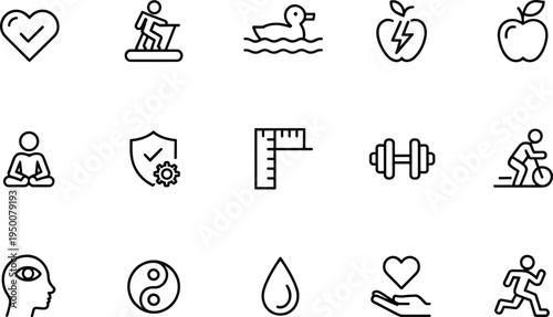 Health and wellness icon set featuring fitness, nutrition, meditation, hydration, heart care, cycling, treadmill, dumbbell, and holistic balance in minimalist black line vector style.