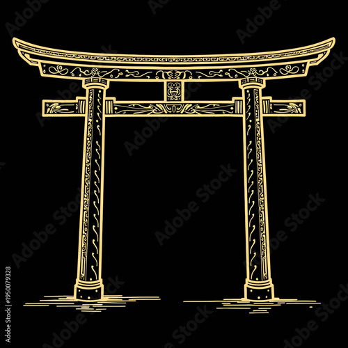 Elegant minimalist golden line art vector illustration of a traditional Japanese Torii gate on a dark black background for classic oriental architectural designs.