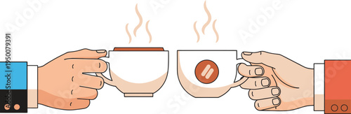 Hand holding a flaming coffee cup symbol with hot beverage and sports themed elements in a simple vector illustration