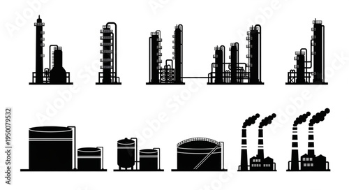 Silhouette of Industrial Plant and Storage Tanks for Energy Production.