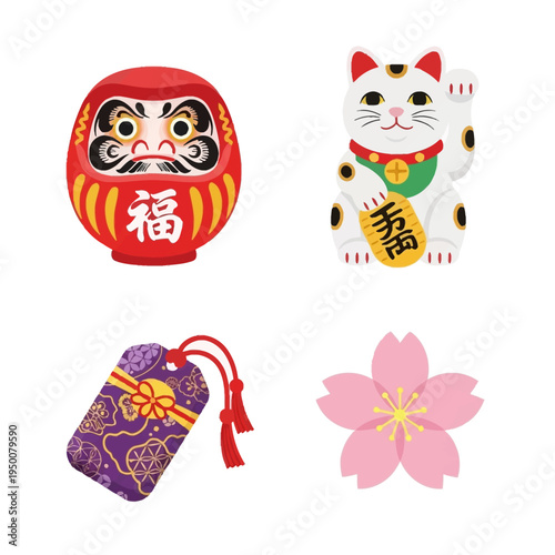 Japanese Lucky Charms Daruma Maneki Neko Omamori Sakura.
