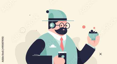 Stylized man with hat, glasses, beard, headphones, holding phone and snack
