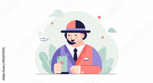 Stylized man in a split-colored suit holding a smartphone with a heart icon