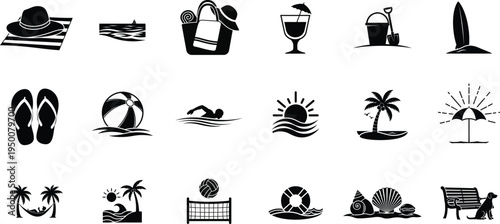 Black silhouette icons of summer vacation and travel related objects and activities in a grid layout beach hat on towel, beach bag with towel, cocktail with umbrella, flip flops, beach volleyball 