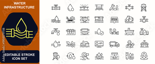 Water infrastructure web icons in line style. Pipeline, irrigation, sewage, drainage, hydropower, plumbing, utilities, filtration tower. Editable stroke. Vector illustration.