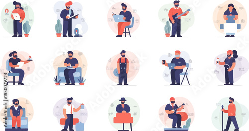 Diverse people engage in various activities, showcasing professions and hobbies with colorful graphics