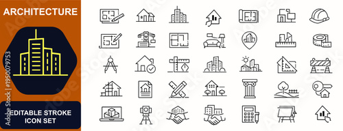 Architecture outline web icons in line style. Blueprint, residential building, urban property, engineering plan, interior layout, house, skyscraper. Editable stroke. Vector illustration.