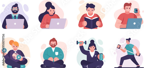 Diverse individuals engaged in work, learning, and fitness activities, digitally illustrated
