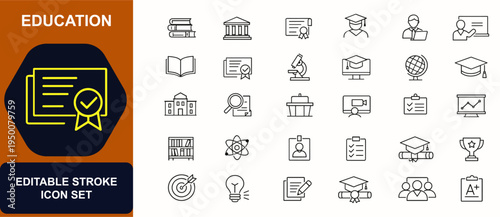 Education web icons in line style for school and academic use. library, book, diploma, student, teacher, classroom, certificate, university, research. Editable stroke. Vector illustration.