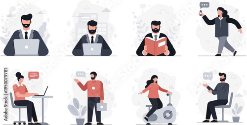 Diverse individuals engaged in work, learning, communication, and fitness activities