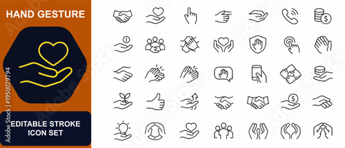 Hand gesture web icons in line style. Handshake, donation, support, finger, applause, helping hand, phone, coin, teamwork, protection. Editable stroke. Vector illustration.