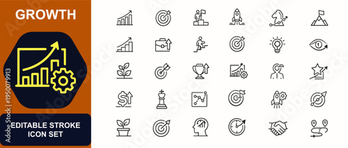 Growth web icons in line style. Leadership, graph, motivation, business progress, plant, ambition, strategy. Editable stroke. Vector illustration.