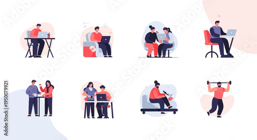 Diverse individuals engaged in work, leisure, and fitness activities (2)