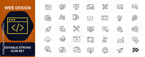 Web design interface icons in line style. Coding tools, branding system, responsive layout, software app, brush graphic, startup workflow. Editable stroke. Vector illustration.