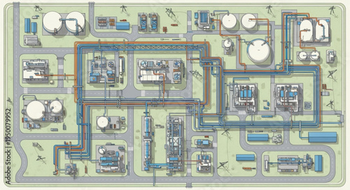 Aerial View of Industrial Complex with Tanks and Pipelines.