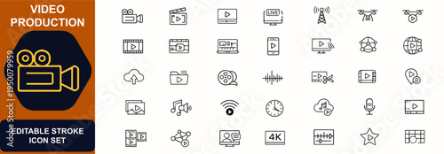 Video production and editing web icons in line style. Camera, film, player, streaming, broadcast, drone, laptop editing, media network, clip library. Editable stroke. Vector illustration.