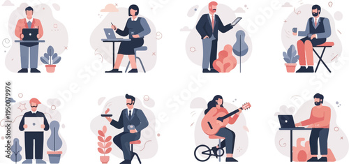 Diverse individuals engaged in work, leisure, and hobbies in minimalist style