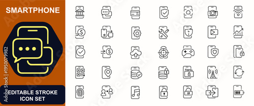 Smartphone web icons in line style. Banking app, chat message, payment card, security shield, camera screen, wireless data, phone settings. Editable stroke. Vector illustration.