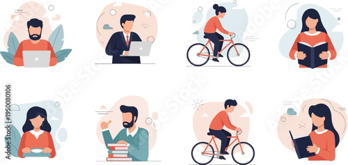 Diverse individuals engaged in work, leisure, and study activities