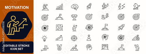 Motivation web icons in line style. Leadership, growth chart, creative brain, ambition drive, success ladder, strategy plan, goal target. Editable stroke. Vector illustration.