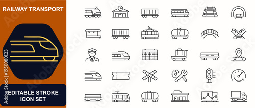 Railway transport symbols web icons in line style. Locomotive, station, freight, passenger, track, tunnel, platform, cargo, tram, ticket. Editable stroke. Vector illustration.