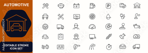 Automotive web icons in line style. Mechanic tools, engine, battery charging, fuel, parking, garage repair, transport vehicle, truck driver. Editable stroke. Vector illustration.