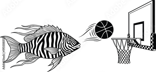 fish, basketball, hoop, sport, funny, concept, surreal, cartoon, animal, game, motion, jump, aquatic, creative, illustration, vector, design, humor, fantasy, playful, unique, graphic